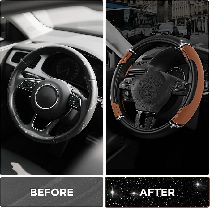 Road Comforts Leather Steering Wheel Cover - Made with PVC Leather Bling Design - Anti-Slip Wheel Cover Universal Fit Most 14 1/2 inches to 15 inches - Brown Color