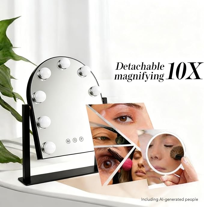 Arched Makeup Vanity Mirror with LED Lights Makeup Mirror Detachable 10X Magnification, Hollywood Make Up Mirror with Lighting, Smart Touch, Rechargeable,360° Rotation,Black 14.17"x 11.81"