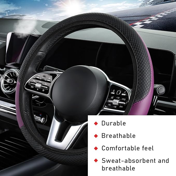 povtii Car Steering Wheel Cover, 15 Inch Leather Breathable Auto Steering Wheel Protector, Comfortable Non-Slip Vehicle Steering Wheel Covers, Universal Interior Car Accessories (Black+Purple)