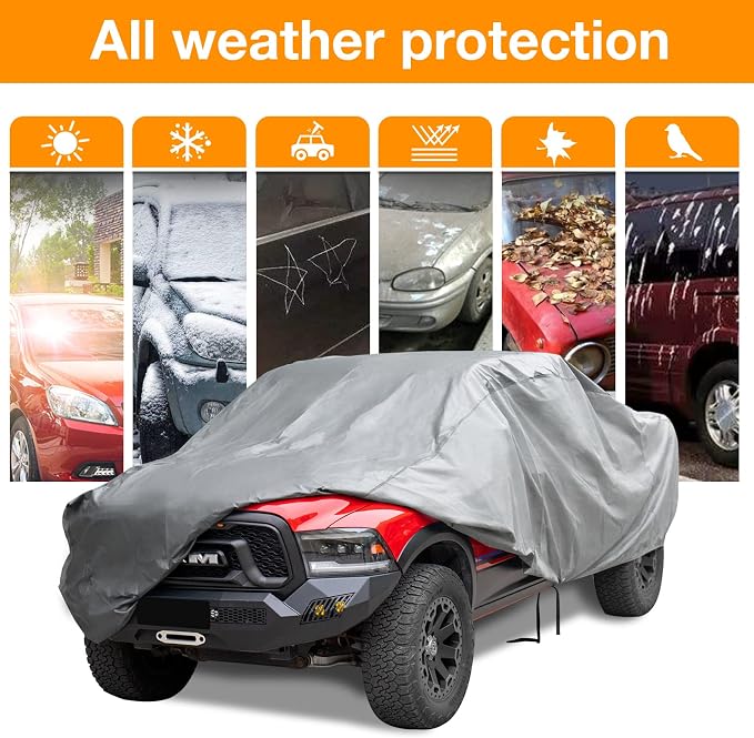 XCAR Waterproof Truck Car Cover, All Weather, Fits Trucks Up to 250" | Windproof Buckles, Breathable Fabric, UV, Rain, Snow & Dust Protection, Soft Non-Scratch Lining, Indoor & Outdoor Use
