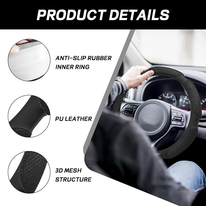 Wuyaoyao Car Steering Wheel Cover, 15 Inch PU Leather Anti-Slip Steering Wheel Covers Protector with Soft Hand Pad Cushion, Breathable & Comfortable, Universal Interior Car Accessories (Black)