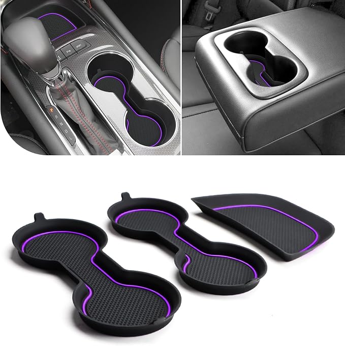 Auovo Cup Holder Inserts Coaster Compatible with Chevy Malibu Accessories 2017 2018 2019 2020 2021 2022 2023 2024 2025 Silicone Cup Mat Pad Car Interior Decoration (3-pcs kit, Purple)