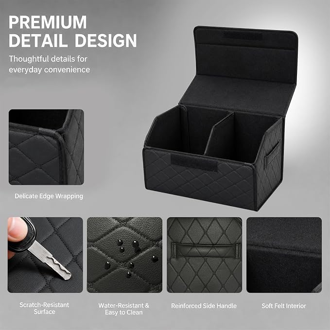 Leather Car Trunk Organizer with Lid,65L Foldable Storage Box for Universal Cars, SUVs, Sedans and MPVs, Removable Divider, Carry Handles, Black