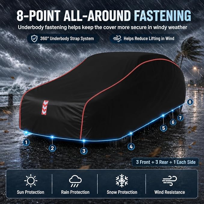 Coupe Car Cover Waterproof All Weather, 8-Point Fastening Fits 178-185 in | 8-Point Fastening, 120s Quick Setup, 600D Oxford Fabric, All-Weather Protection