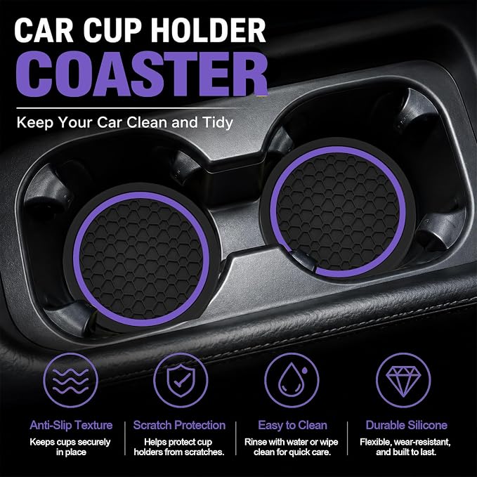 4PCS Car Cup Holder Coasters - 2.75 Inch Non-Slip Insert Water Bottle Holder Pads, Dustproof Automotive Interior Accessories Mat, Universal for Vehicles, Trucks, RVs (Purple)