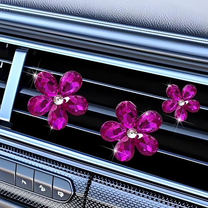 5PCS Bling Flower Car Air Vent Clips, Crystal Rhinestone Vehicle Air Conditioning Outlet Clip, Diamond Automotive Interior Decoration Charm, Universal for Automobile RV Truck (Rose Red)
