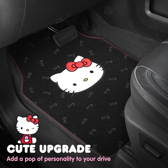 Hello Kitty Carpet Car Floor Mats - Universal Fit for Cars, SUVs & Trucks - Black with Red Bow & Hello Kitty Print - Front & Rear Set, 4 Piece Car Accessories