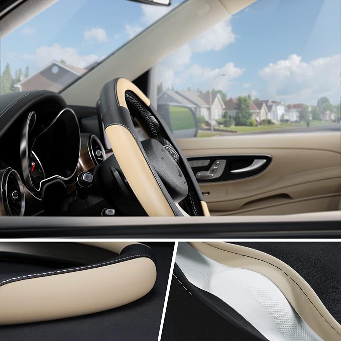 SEG Direct Car Steering Wheel Cover for Medium Standard Size Steering Wheels with 14 1/2-15 inches Outer Diameter, Black and Beige Microfiber Leather