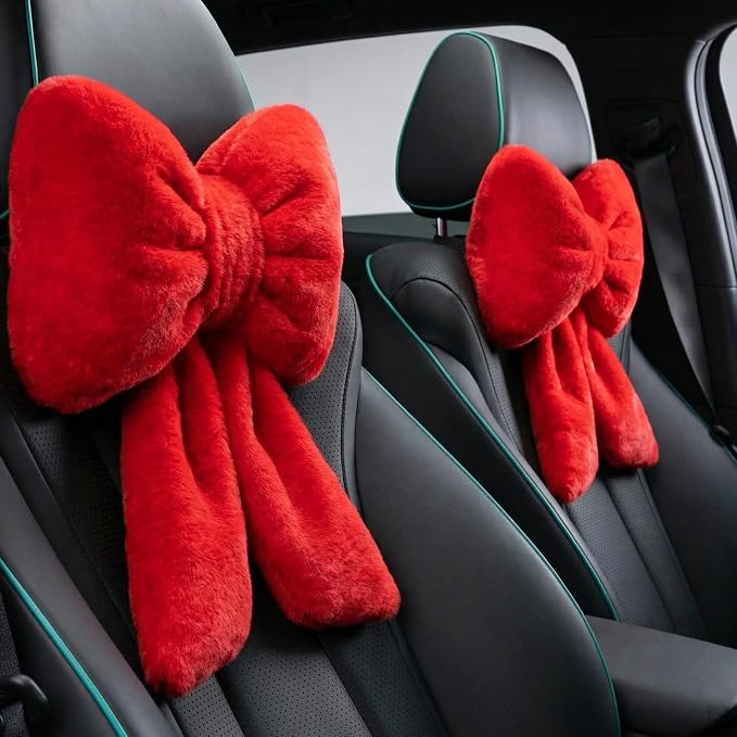 Macarrie 2 Pcs Red Car Neck Pillow Plush Butterfly Bow Car Headrest Comfortable Pillow Seat Neck Support Cute Head Rest Accessories for Driving Travel Driver Chair Girl Interior Decor(Solid)