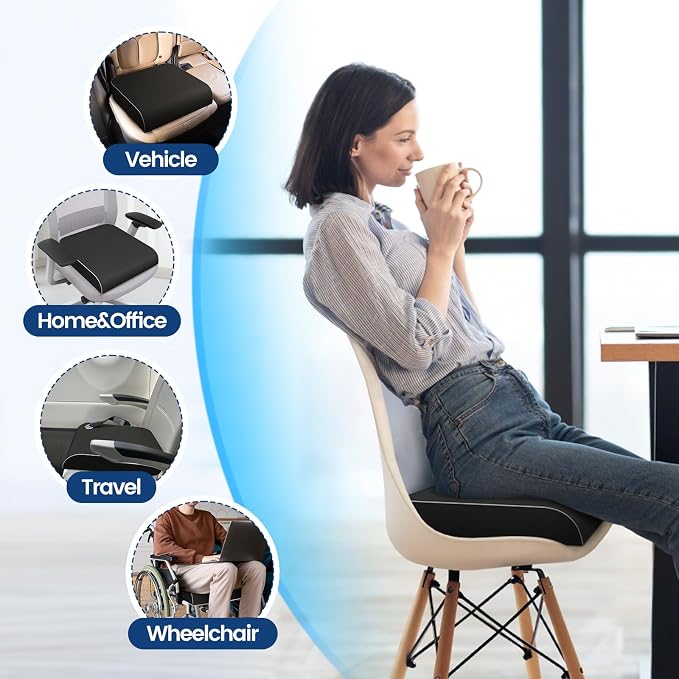 SweetSlubr Seat Cushion for Tailbone Pain Relief, Office Chair Cushion, Memory Foam Large Chair Pad with Non-Slip Cover for Soft Support at Office Chair, Car Seat, Airplane Black/XLarge