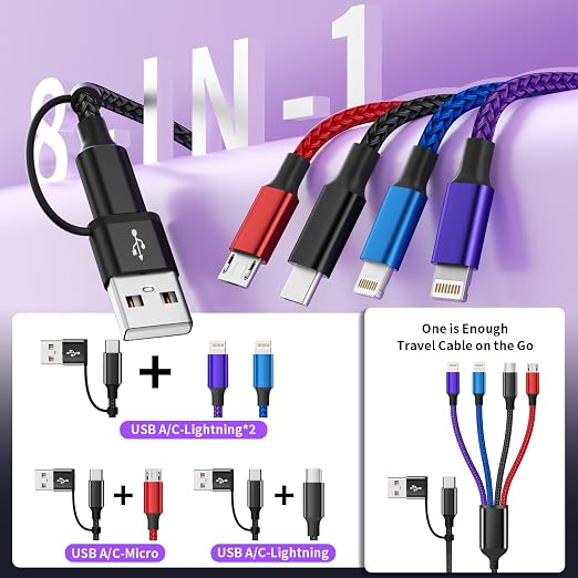 4 in 2 Multi Charging Cable, Dual IP Charging Cord with Type-C & Micro | USB A/C Input Multi Charging Cable with IP/IP, Type-C & Micro Ports, Nylon Braided Phone Charger for Travel & Car