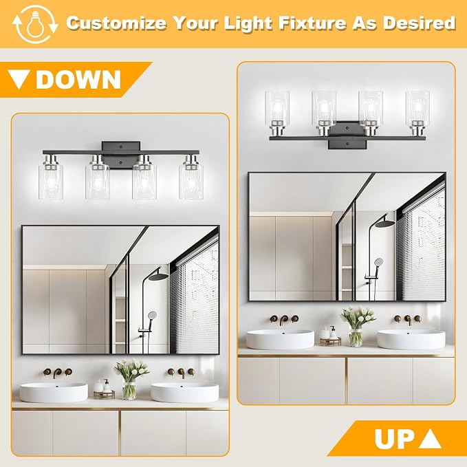 Unicozin Modern Bathroom Light Fixtures, 4 Light Vanity Lights Over Mirror, Black and Brushed Nickel Wall Lamp with Clear Glass for Living Room Cabinet Bedroom Porch