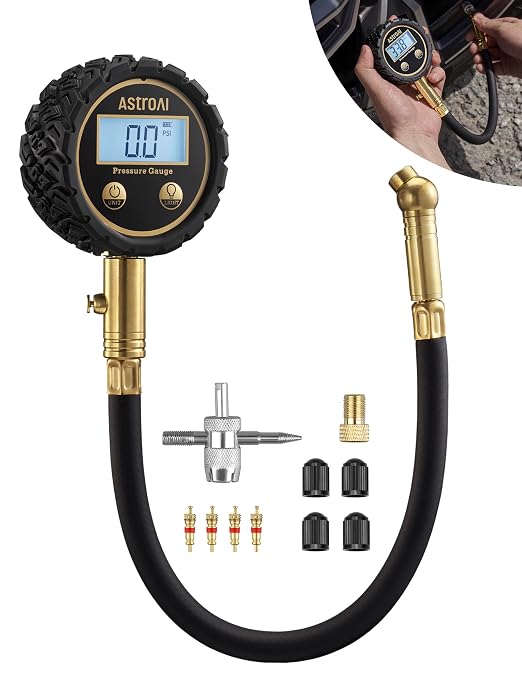 AstroAI Tire Pressure Gauge for Cars with Backlit LED, Solid Brass with Rubber Hose, Air Bleeder Valve, ANSI B40.7 Grade 2A(±0.5%), 3-250PSI