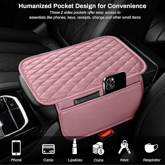 Ouzorp Car Center Console Cover, Upgraded Microfiber Leather Car Arm Rest Cover with 2 Storage Bags Universal Armrest Cover for Car Storage Box Car Interior Accessories Protector for Most Vehicle-Pink