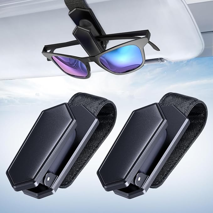Veharvim Sunglass Holder for Car (One-Handed-Operation, Gentle & Secure Hold, Silicone Padded, Universal Fit, Metal Clip) Visor Sunglass Holder Clip,Visor Sunglass for Car (Black, 2 Pack)