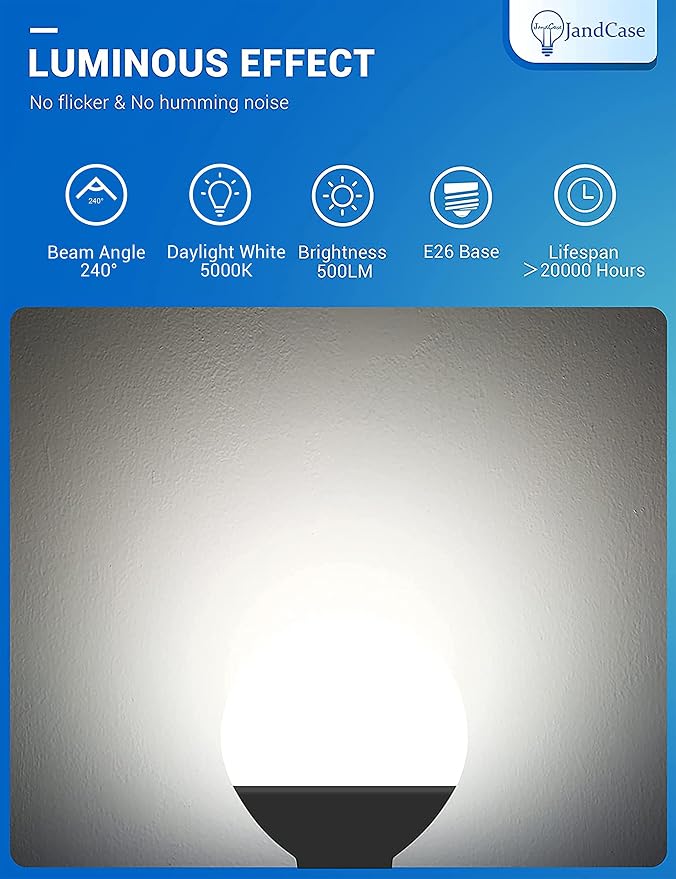 JandCase G25 LED Vanity Light Bulbs,5W Dimmable Globe,60W Equivalent,5000K | E26 Base CRI 80, 500LM Daylight White, UL Listed, Round Light Bulbs for Bathroom Makeup Mirror Dressing Room Bedroom,12 Pack