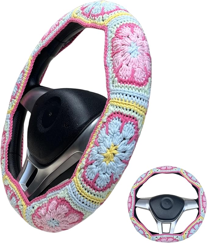 Handmade Crochet Pink Fower Granny Square Car Steering Wheel Covers Universal 14-15 inch for Women and Men (Steer Wheel Cover)