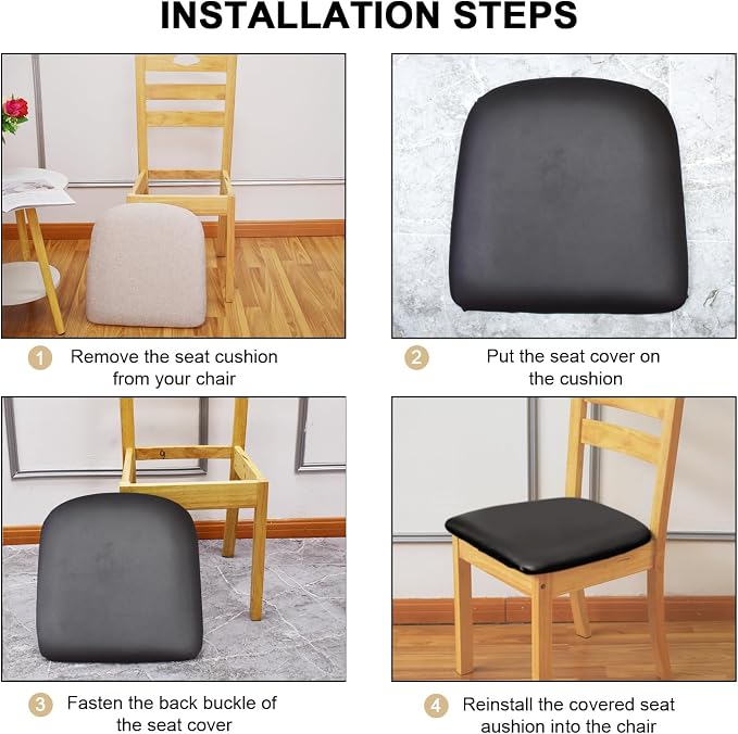Leather Stretch Chair Seat Covers with Elastic Ties,Waterproof Dining Room PU Leather Chair Cover Seats,Removable Washable Chair Protector Seat Cushion Slipcovers for Home,Kitchen (Black, 4 PCS)