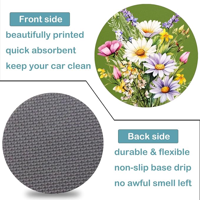 Car Cup Holder Coasters, 2 Pack – 2.75" Universal Auto Anti-Slip Insert Coaster, Rubber Car Coasters, Personalized Car Accessories for Women (Sage Green Watercolor Flowers)