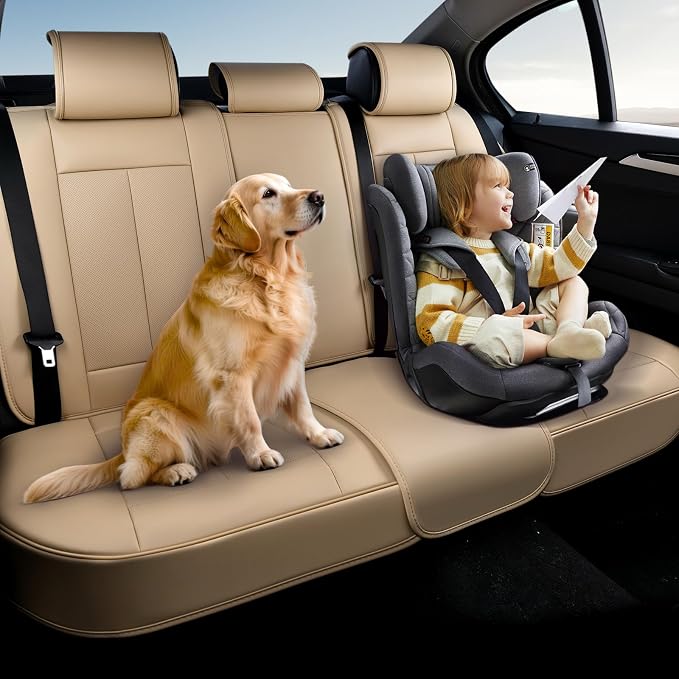 Coverado Backseat Cover for Dogs, Car Seat Protector for Back Seat, Car Seat Covers Beige, Car Seat Cushion Nappa Leather, 3-Pieces Waterproof Seat Covers Carseat Cover Universal Fit for Most Cars