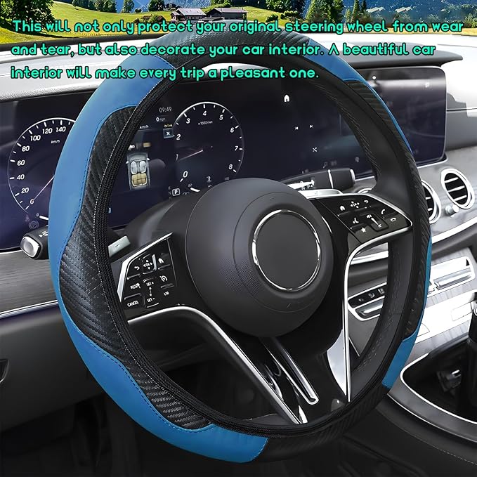 Car Steering Wheel Cover, 15 inch Carbon Fiber Microfiber Leather Elastic Steering Wheel Protector, Breathable Anti-Slip Comfortable Steering Wheel Covers for Most Cars (Black&Blue)