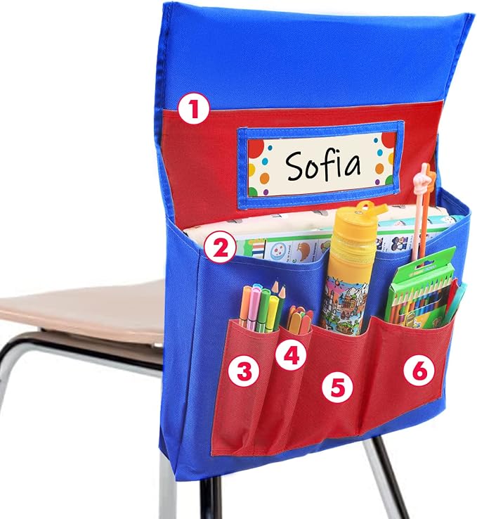 Chair Pockets for Classrooms, 15.7" × 18.9" – 6 Pockets Chairback Storage Organizer with Name Tag Window, Student Desk & Seat-Back Management for Books, Folders & School Supplies, Red+Blue
