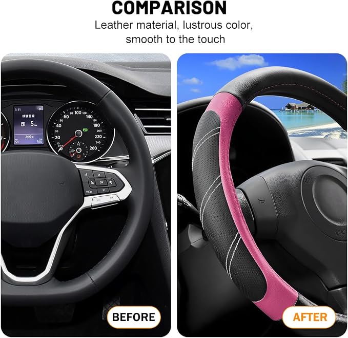 Zpana Car Steering Wheel Cover, 15 Inch Carbon Fiber Leather Non-Slip Steering Wheel Protector with Lining, Breathable Automotive Interior Accessories, Universal for SUV RV Truck (Pink)