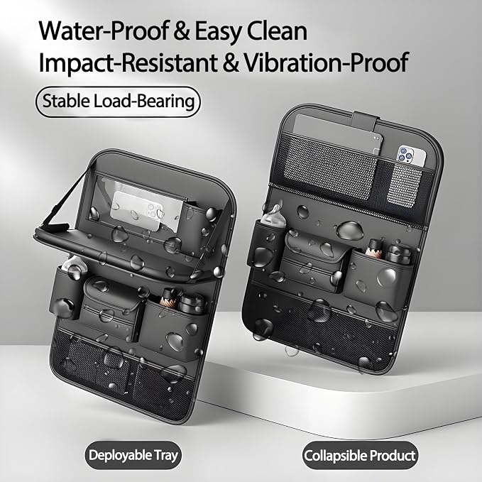 2 Pack Leather Car Seat Back Organizer with Foldable Tray Table, Backseat Car Organizer with Tablet Pocket, Cup Holders, Tissue Pocket, Mesh Pockets, Kick Mat, Black
