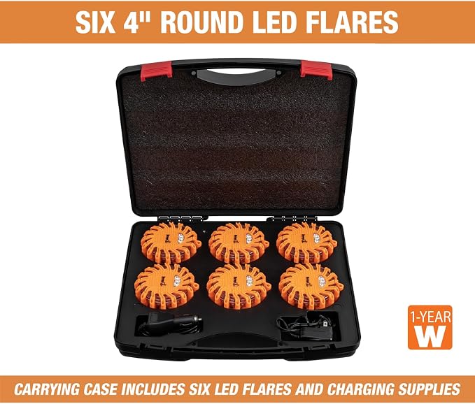 Buyers Products 8891018 Rechargeable Magnetic Road Flare Kit With Carrying Case, 6 Pack, Includes Steady on Mode and 10 LED Flash Patterns, Rechargeable Road Flare Strobe