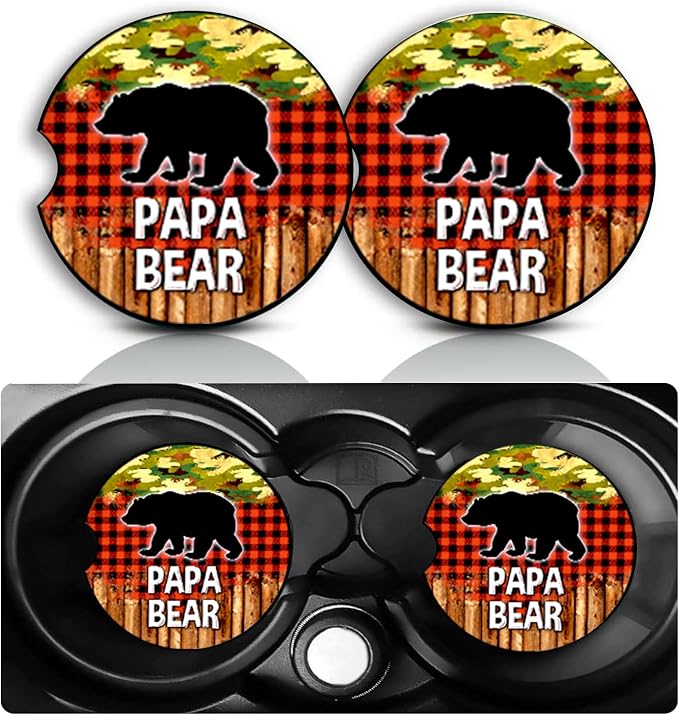 Papa Bear Car Cup Holder Coasters Set of 2 – Fun Bear Car Accessories 2.75" Universal Size Anti Slip Rubber Mat Recessed Auto Insert Coasters Decor Bears Gifts for Women Men Dad Grandpa