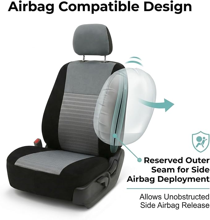 FH Group Universal Car Seat Covers Full Set for SUV Truck Sedan Vans | 3D Textured Breathable Fabric Seat Cover Set with Airbag Compatible Split Bench Protector Interior Upgrade - Gray/Black