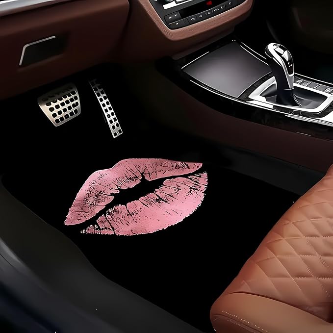 Universal Fit Car Floor Mats Set of 4Pcs, All-Weather Front Rear Car Carpet Mats, Pink Lip Print Non-Slip Car Floor Mat Car Accessories for Automotive Trucks SUV Sedans Vans