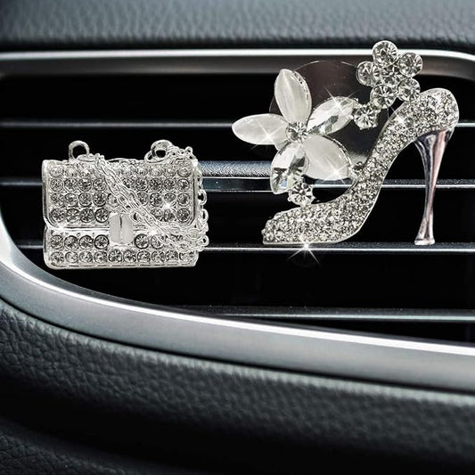 LHEVEN Crystal High Heel Shoe & Magic Bag Car Air Vent Clip Charm Bling sparkly bedazzled rhinestone Car Bling Accessories, Car Interior Decoration Charm, Rhinestone cute Car Decor girls