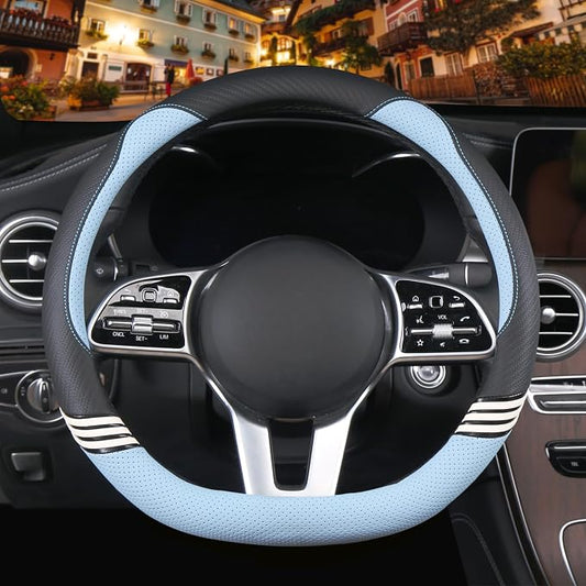 14 inch Cute Leather D Shape Steering Wheel Cover Black Blue | Breathable Faux Leather and Carbon Fiber Flat Bottom Car Accessories for Women Men Small 13.5 inch to 14 inch