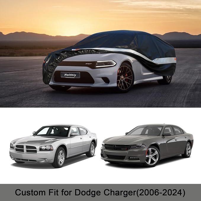 Holhtly Car Cover Custom Fit for Dodge Charger， Car Covers for Automobiles All Weather Waterproof Sun Snow Rain Wind Dust Protection, Outdoor Car Cover Black & Grey
