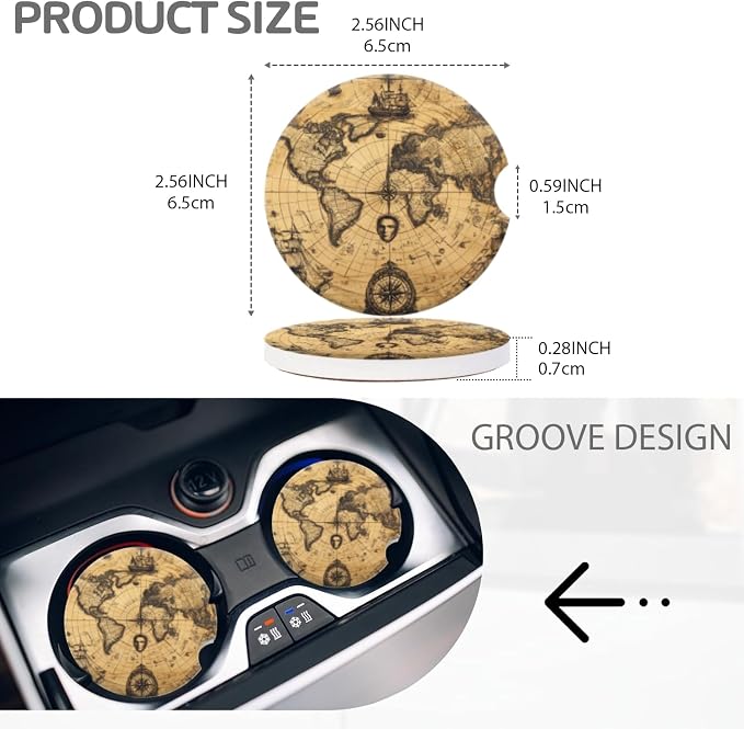 Cup Holder for Car,Rustic Ancient World Map Print Ceramic Coasters Non-Slip Cup Holder Insert with Fingertip Grip, Auto Interior Accessories for Women & Men,Pack of 2, 2.56In