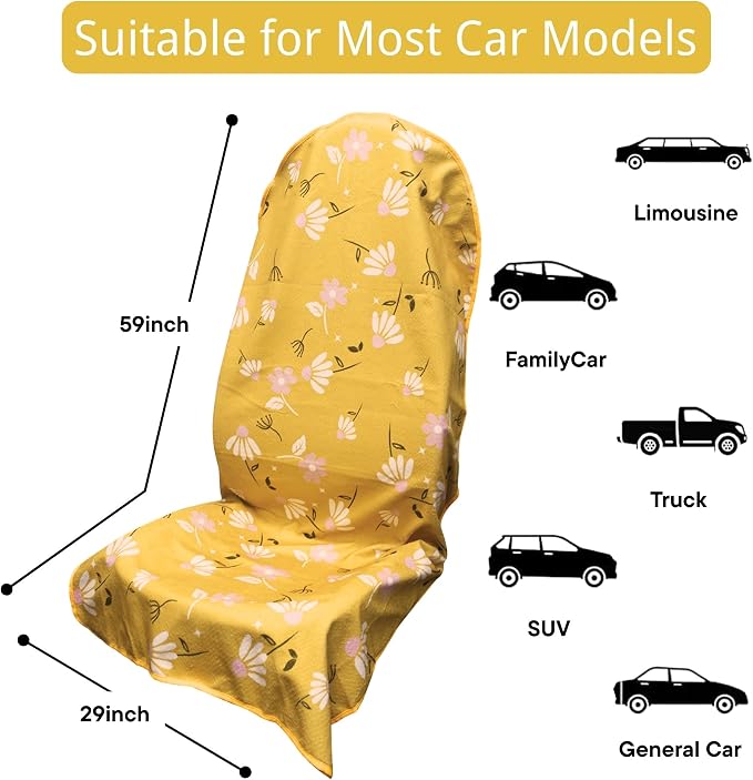 Waterproof Car Seat Cover for Front Seats, Protector for Cars SUVs Trucks, Sweat Towel Seat Covers Bucket for Gym, Workout, Beach, Hiking, Running and Swimming(Chamomile and Yellow, 2PCS)