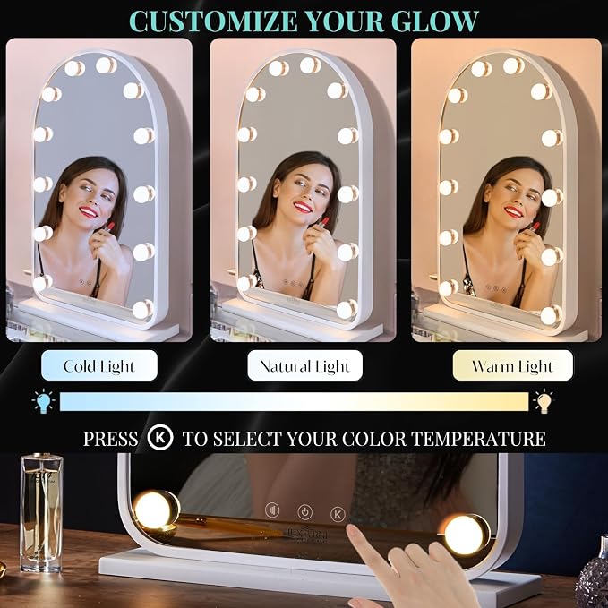 LUXFURNI Vanity Mirror with Lights, 24.5" Arched Hollywood Makeup Mirror | 12 LED Lights, 3 Color Modes, Touch Memory Control, Arched Frame No‑Bend Full‑Face View, HD Anti‑Glare Rust‑Resistant Glass