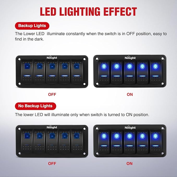 Nilight 16AWG 14AWG 12AWG LED Light Bar Wiring Harness Kit 12V On/Off 5 Gang Rocker Switch Panel Power Relay Blade Fuse 5Pin Toggle Switches for Cars Boat ATV Trucks-10 Leads