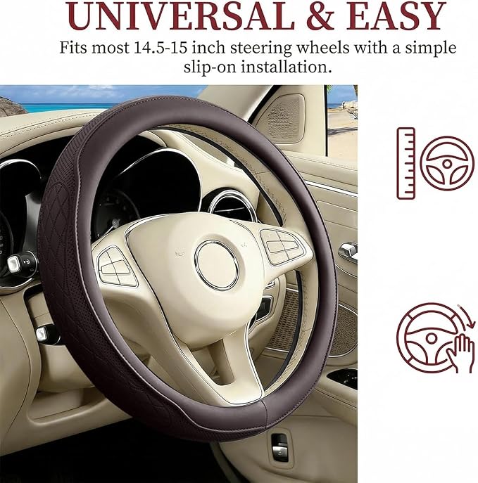 Car Steering Wheel Cover, Breathable Anti-Slip Vehicle Steering Wheel Protector with Inner Ring, Automotive Interior Protective Accessories, Universal for SUV RV Truck (Coffee)