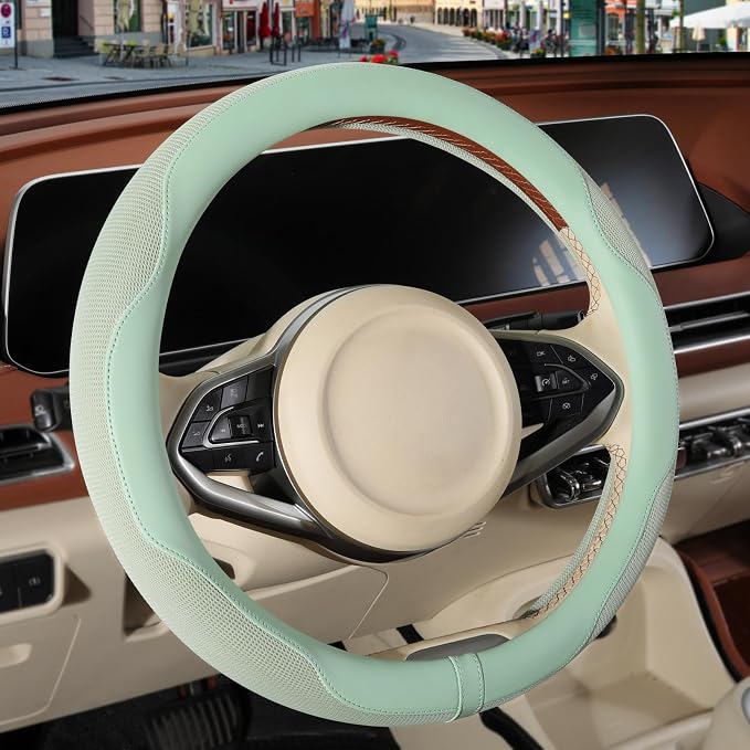 Nappa Leather Green Steering Wheel Cover Large 16 inch | Non-Slip Breathable Microfiber Leather and Ice Silk Fabric, Warm in Winter and Cool in Summer, 15.5 inch to 16 inch