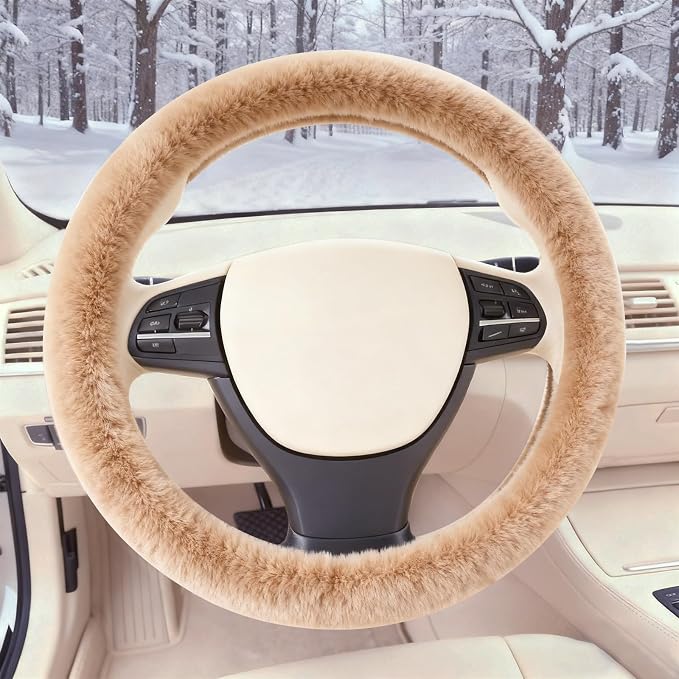 Furry Warm Steering Wheel Cover, Universal 14.5-15 Inch Winter Plush Warm Steering Wheel Cover, Soft Fluffy, Anti-Slip Design, Soft Texture (Camel)