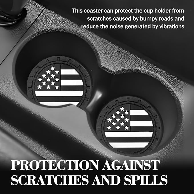Automotive Universal Car Cup Holder Coasters 4 Pack, Non-Slip Silicone Cup Holder Insert 2.72~2.75 Inch, Anti-Skid Shockproof Drink Mat with Flag Design, Vehicle Interior Accessories Black