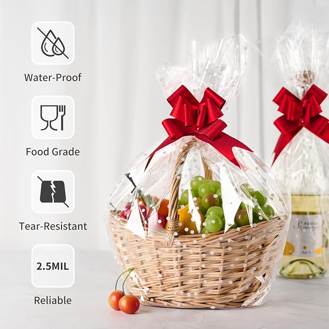 100 ftx34 in Extra Wide Clear Cellophane Wrap Roll | 2.5 Mil Thick Transparent Plastic with White Snow Dots | Bouquet, Baskets, Gifts, Crafts, Treats, Wrapping | Food Grade (34" Fold into 17")