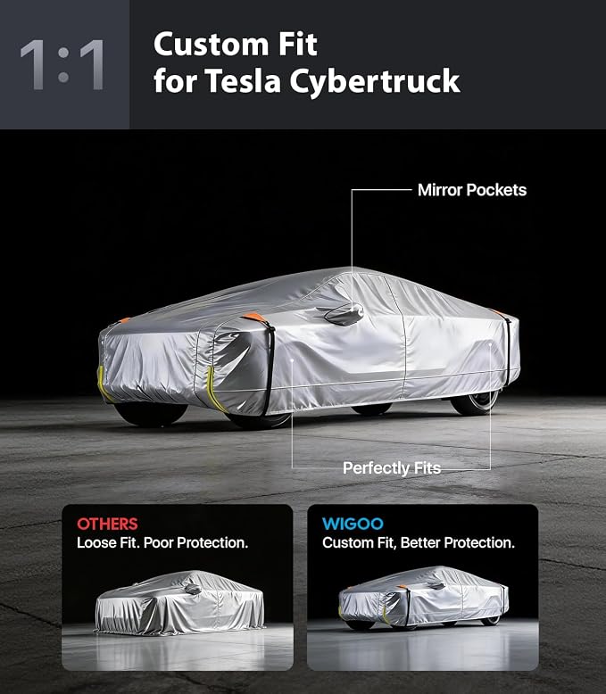 Wigoo Tesla Cybertruck Car Cover Accessories 2024-2026, Custom Fit Waterproof All Weather Outdoor Truck Cover, Windproof UV Rain Snow Dust Protection, Breathable Design, Paint-Safe Lining, Door Zipper
