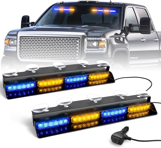 HLauto 6Z4J Emergency Dash Strobe Lights: 2x16.8 inch Blue Amber Safety Lights, 48 LED Flashing Warning Hazard Interior Windshield Visor Traffic Light Bar for Trucks, Construction Vehicles