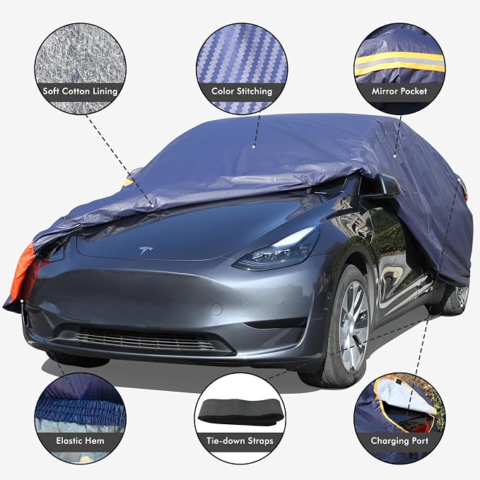 Tesla Model 3 Car Cover Waterproof All Weather, 6 Layers Outdoor Full Exterior Cover Rain Sun UV Snowproof Protection with Zipper Cotton, Mirror Pocket and Charging Port