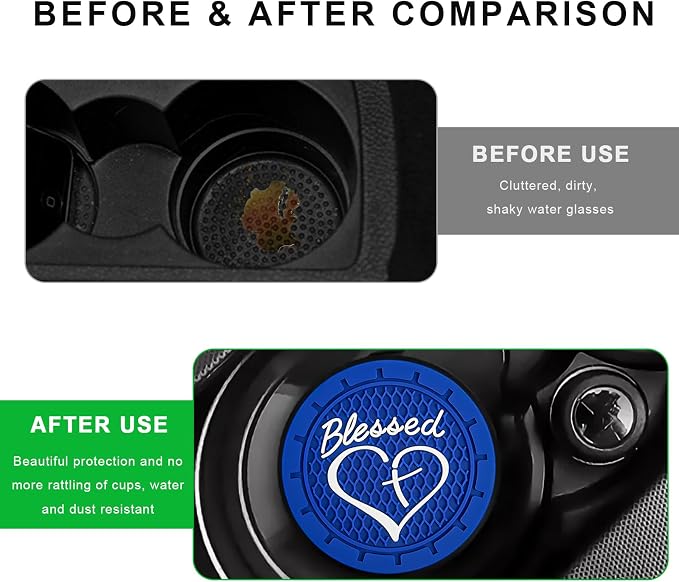 2 PCS Car Cup Holder Coaster, 2.76 Inch Soft PVC Non-Slip Blessed Cross and Heart Christian Car Cup Coasters, Auto Interior Shockproof Insert Drink Mat for Most Vehicles (Blue)