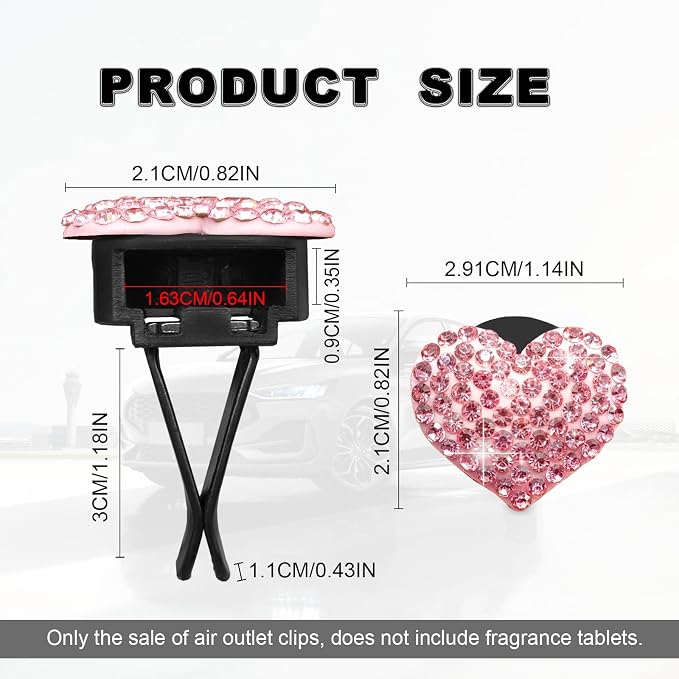 2Pcs Bling Crystal Heart Charms Car Vent Clips - Air Conditioning Outlet Decorative Accessories for Women and Men (Pink)