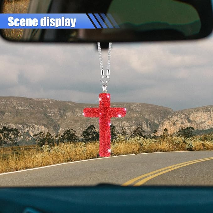 ZIMISI Bling Cross Car Hanging Ornament, Crystal Rhinestone Car Rearview Mirror Pendant for Women, Diamond Rear View Mirror Charm Present, Universal Vehicle Interior Decoration Accessory (Red)